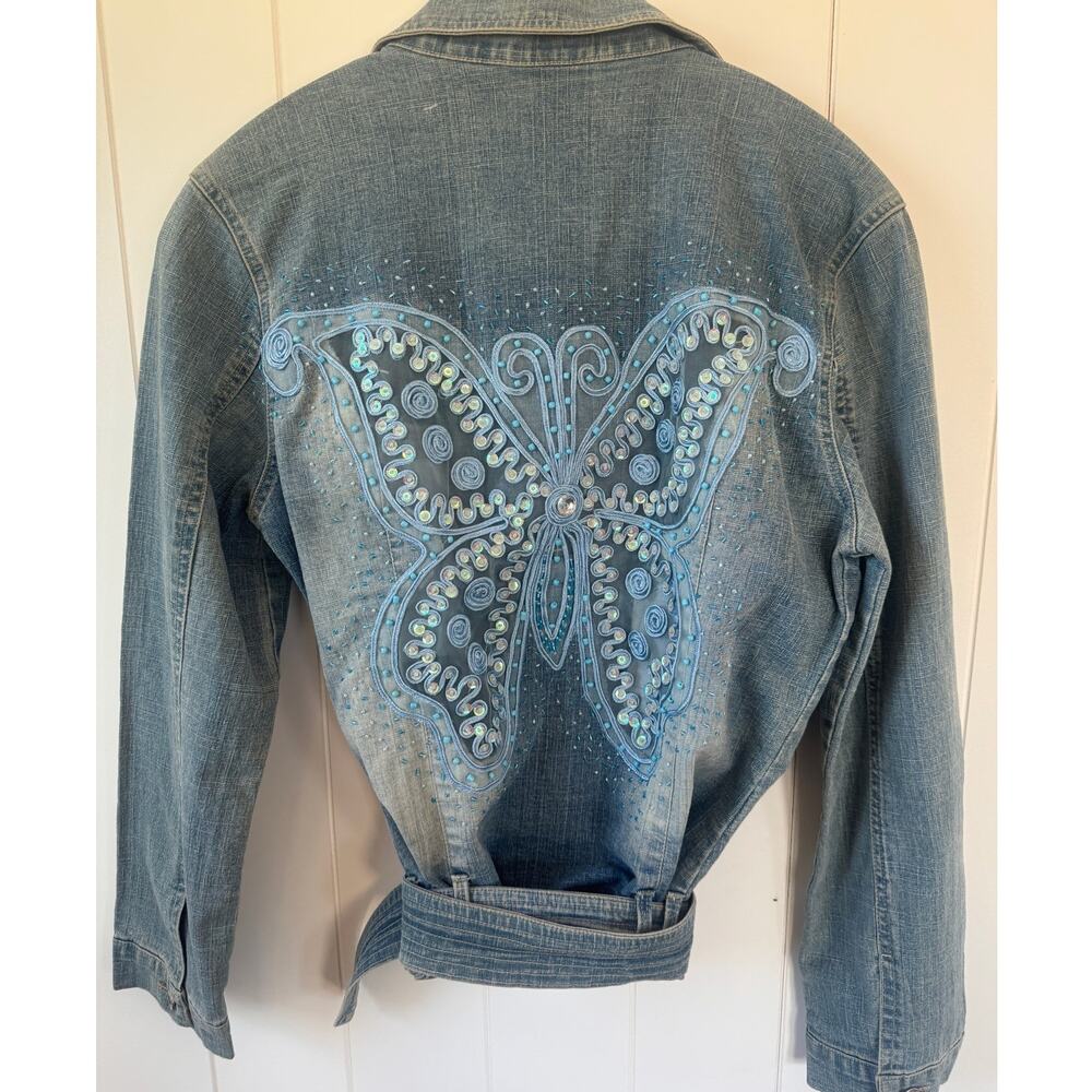 Vintage Denim Butterfly Embroidered Jacket Belted M NWT